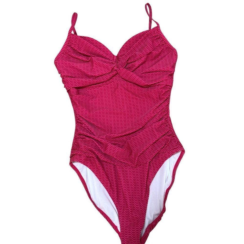 Simply Swim Slimming Women's Pink Chevron V-Neck One-Piece Swimsuit Size 14
